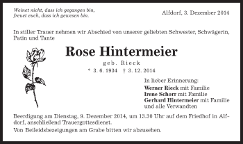Traueranzeige von Rosa Hintermeier von Gmünder Tagespost