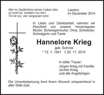 Traueranzeige von Hannelore Krieg von Gmünder Tagespost