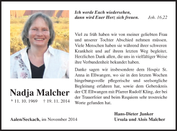 Traueranzeige von Nadja Malcher von Schwäbische Post