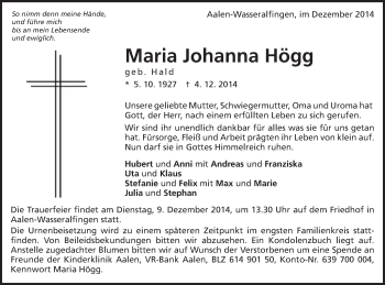 Traueranzeige von Maria Johanna Högg von Schwäbische Post