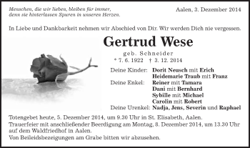 Traueranzeige von Gertrud Wese von Schwäbische Post
