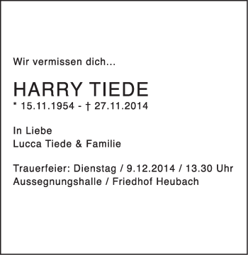 Traueranzeige von Harry Tiede von Gmünder Tagespost