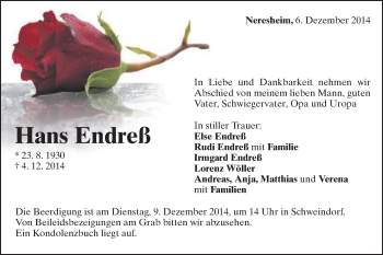Traueranzeige von Hans Endreß von Schwäbische Post
