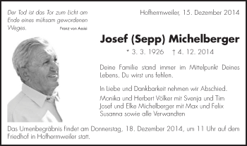 Traueranzeige von Josef Michelberger von Schwäbische Post