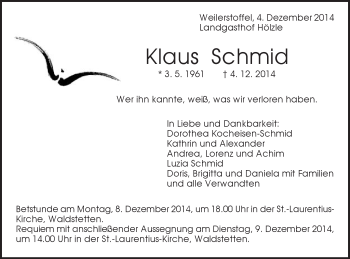 Traueranzeige von Klaus Schmid von Gmünder Tagespost