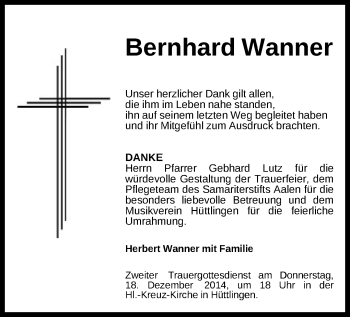 Traueranzeige von Bernhard Wanner von Schwäbische Post