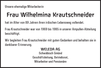 Traueranzeige von Wilhelmina Krautschneider von Gmünder Tagespost