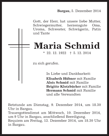 Traueranzeige von Maria Schmid von Gmünder Tagespost