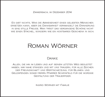 Traueranzeige von Roman Wörner von Gmünder Tagespost