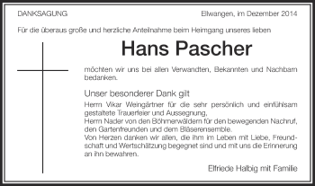 Traueranzeige von Hans Pascher von Schwäbische Post