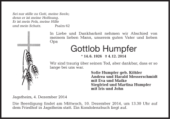 Traueranzeige von Gottlob Humpfer von Schwäbische Post