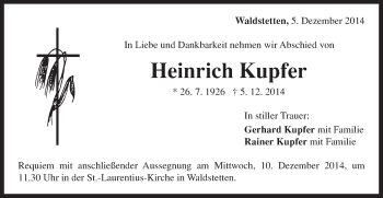 Traueranzeige von Heinrich Kupfer von Gmünder Tagespost