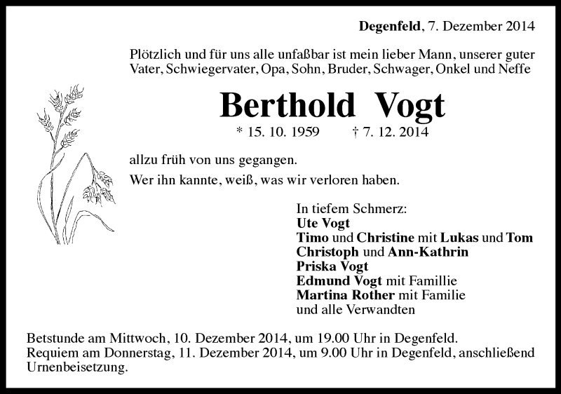  Traueranzeige für Berthold Vogt vom 08.12.2014 aus Gmünder Tagespost