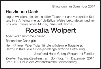 Traueranzeige von Rosalia Wolpert von Schwäbische Post