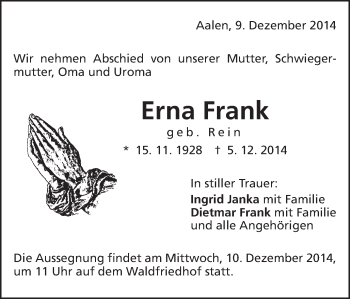 Traueranzeige von Erna Frank von Schwäbische Post