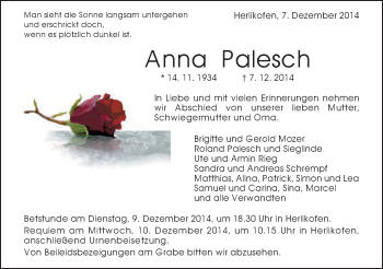 Traueranzeige von Anna Palesch von Gmünder Tagespost