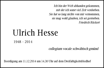 Traueranzeige von Ulrich Hesse von Gmünder Tagespost