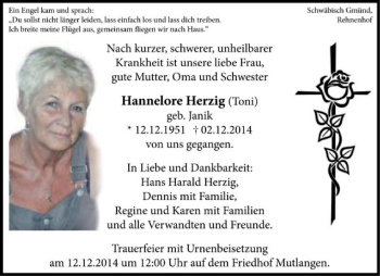 Traueranzeige von Hannelore Herzig von Gmünder Tagespost