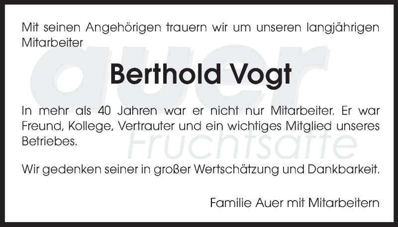  Traueranzeige für Berthold Vogt vom 09.12.2014 aus Gmünder Tagespost