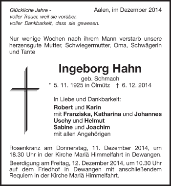 Traueranzeige von Ingeborg Hahn von Schwäbische Post