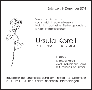 Traueranzeige von Ursula Koroll von Gmünder Tagespost