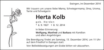 Traueranzeige von Herta Kolb von Schwäbische Post