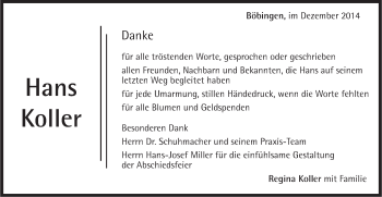 Traueranzeige von Hans Koller von Gmünder Tagespost