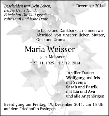 Traueranzeige von Maria Weisser von Schwäbische Post