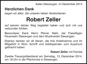 Traueranzeige von Robert Zeller von Schwäbische Post