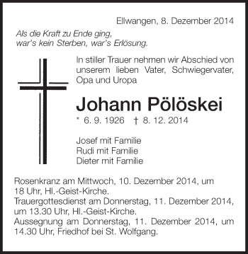 Traueranzeige von Johann Pölöskei von Schwäbische Post