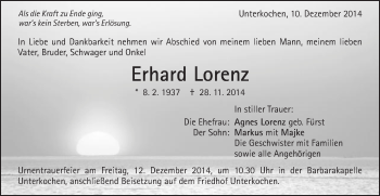 Traueranzeige von Erhard Lorenz von Schwäbische Post
