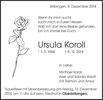 Traueranzeige von Ursula Koroll von Gmünder Tagespost