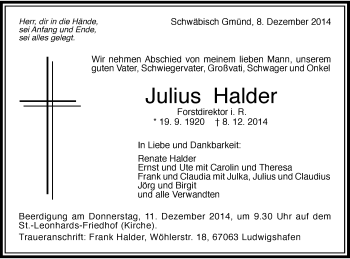 Traueranzeige von Julius Halder von Gmünder Tagespost