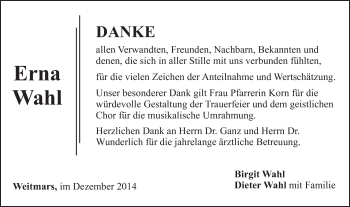 Traueranzeige von Erna Wahl von Gmünder Tagespost