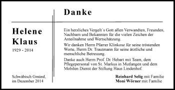Traueranzeige von Helene Klaus von Gmünder Tagespost