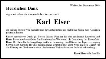 Traueranzeige von Karl Elser von Gmünder Tagespost