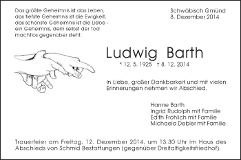 Traueranzeige von Ludwig Barth von Gmünder Tagespost