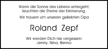 Traueranzeige von Roland Zepf von Gmünder Tagespost