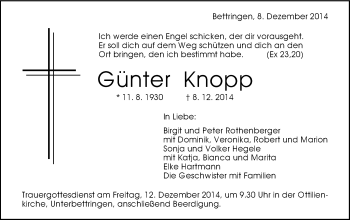 Traueranzeige von Günter Knopp von Gmünder Tagespost