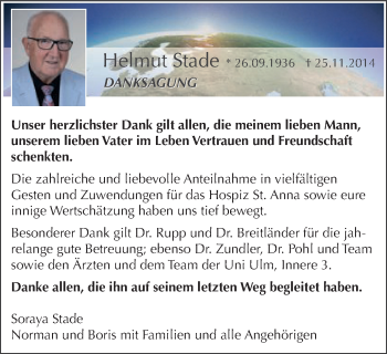 Traueranzeige von Helmut Stade von Schwäbische Post