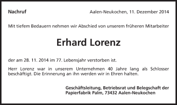Traueranzeige von Erhard Lorenz von Schwäbische Post