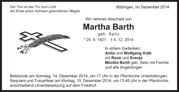 Traueranzeige von Martha Barth von Gmünder Tagespost