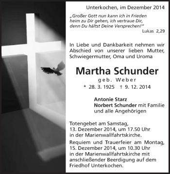 Traueranzeige von Martha Schunder von Schwäbische Post