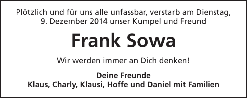  Traueranzeige für Frank Sowa vom 13.12.2014 aus Schwäbische Post