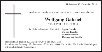 Traueranzeige von Wolfgang Gabriel von Gmünder Tagespost