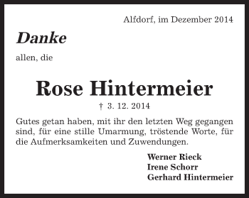 Traueranzeige von Rose Hintermeier von Gmünder Tagespost