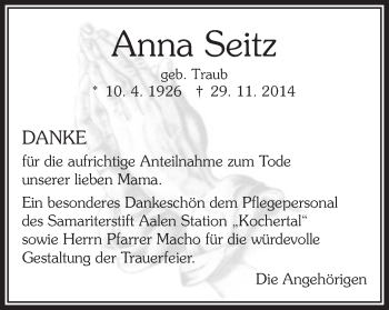 Traueranzeige von Anna Seitz von Schwäbische Post