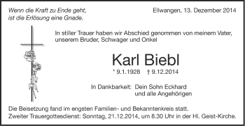 Traueranzeige von Karl Biebl von Schwäbische Post