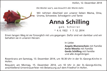 Traueranzeige von Anna Schilling von Schwäbische Post