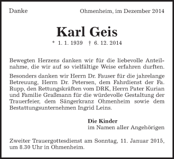 Traueranzeige von Karl Geis von Schwäbische Post